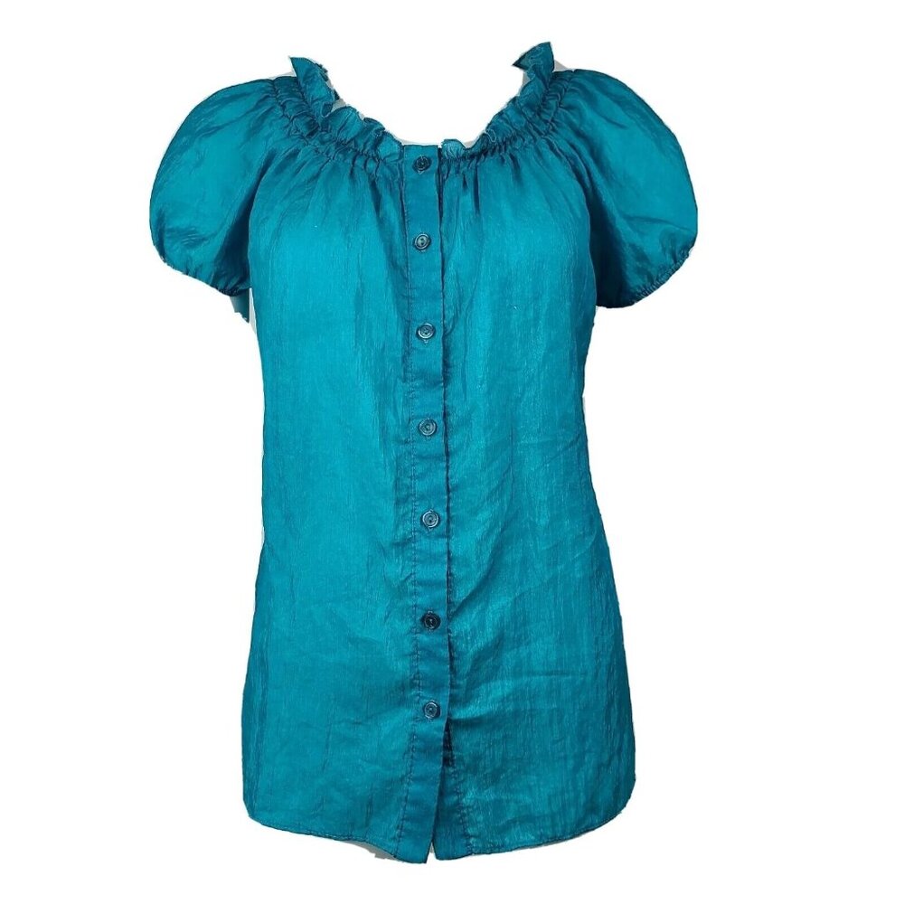 Christopher & Banks Button Down Shirt‎ Womens M Medium Solid All Blue Sheer Top